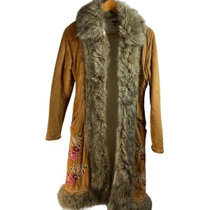 Vintage 70s Penny Lane Gr. XS Faux Suede Afghan Fur Trim Coat Embroidered Boho - Bild 1 von 15