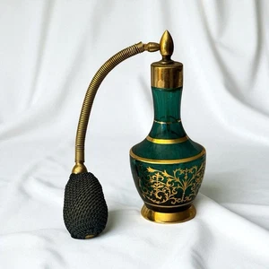 Antiker Art Deco Parfümzerstäuber Pfau türkis Glas goldene Details - Bild 1 von 12