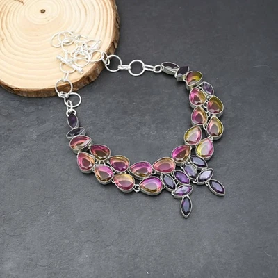 Collar de joyería de plata esterlina 925 amatista turmalina bicolor 18" - Imagen 1 de 4