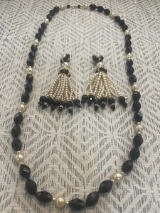 Bridal Onyx Crystal Beaded Necklace & Tassle Clip On Earrings - Picture 1 of 14