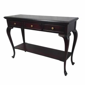 Solid Mahogany Wood Cabriole Leg Hall Table With 3 Drawers Antique Style - Picture 1 of 7