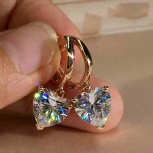 2.30 Ct Heart Cut CZ Women's Drop Dangle Hoops Earrings 14k Yellow Gold Plated - Picture 1 of 8