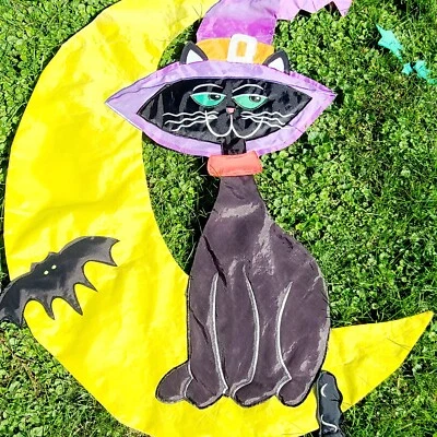 Large Garden Sculpted Double Sided Flag 30"X30" Halloween Black Cat Moon Bat - Image 1 of 4
