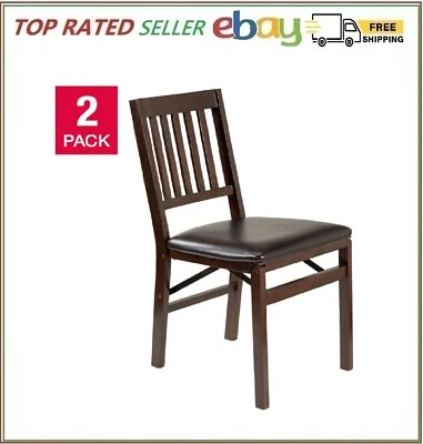 Pack de 2 sillas plegables de madera con asiento de cuero adherido fácil almacenamiento, acabado espresso Foto 1 de 4