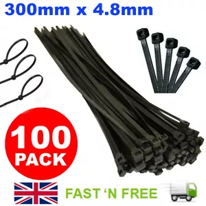 100 X BLACK CABLE TIES 300MM X 4.8MM NYLON PLASTIC HEAVY DUTY ZIP TIE WRAPS UK - Picture 1 of 1