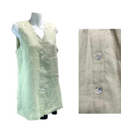 Classiques Entier Green Linen Tank Top Women Medium Sleeveless Button Front Slit - Image 1 of 4