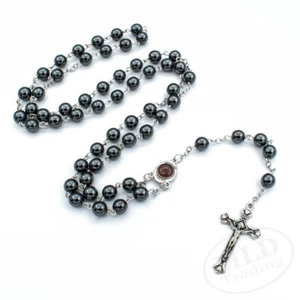 Black Hematite Stone Beads Rosary Necklace – Jerusalem Holy Center & Crucifix - Picture 1 of 7