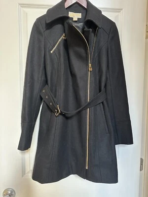 Michael Kors Womens Asymmetrical Zip Up Black & Gold Winter Pea Coat, S - Image 1 of 4