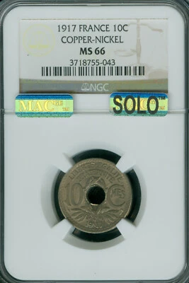 1917 FRANCE 10 CENTS NGC MS66 PQ MAC SOLO FINEST GRADE & SPOTLESS * - Image 1 of 2