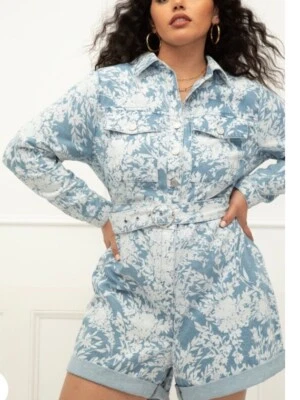 Eloquii Elements Size 16 Blue & White Floral Long Sleeve Denim Shorts Romper NWT - Image 1 of 4