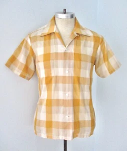 Vtg 50s 60s Gold Gray Big Check Plaid Thin Button Loop Camp Dad 2-Pocket Shirt S - Picture 1 of 8