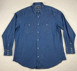 Vtg Wrangler Denim Shirt Mens 2XT Pearl Snap Extra Long Tails Brushpopper Cowboy - Picture 1 of 16