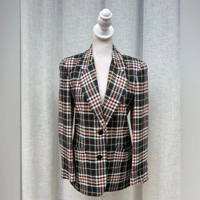 Blazer Liz Claiborne pata de gallo a cuadros azul marino blanco, amarillo, verde, rojo Foto 1 de 4