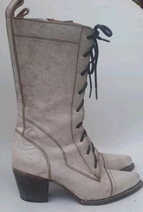 Oak Tree Farms Womens Victorian Leather Lace Up Boots Sz 8 Weathered White - Picture 1 of 12