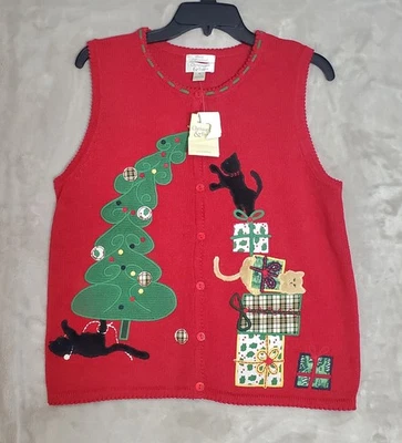 Christopher & Banks Suéter Chaleco Mujer M Gatito Gato Navidad Bordado a Mano  Foto 1 de 4