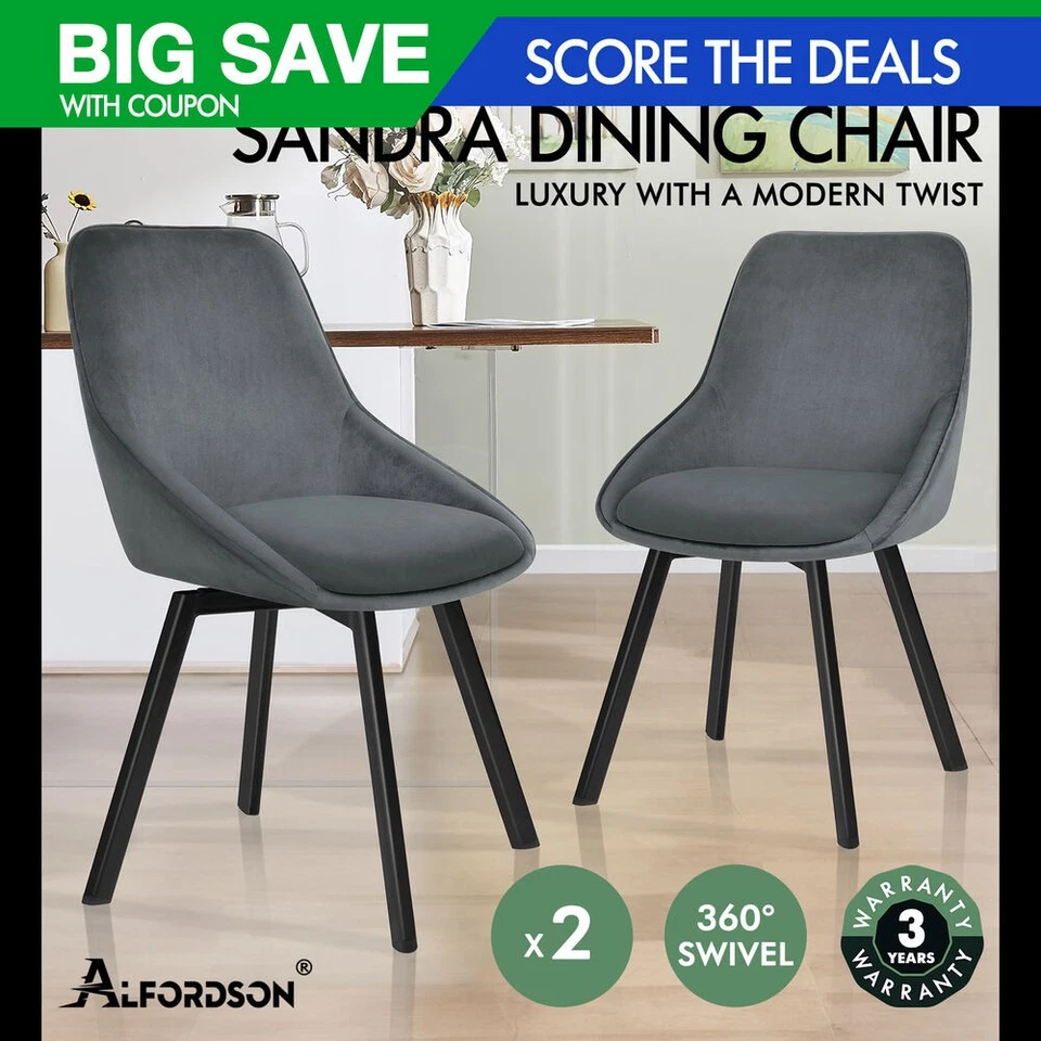 ALFORDSON 2x Dining Chairs Accent Kitchen Swivel Lounge Padded Seat Velvet Grey - image 1 of 4