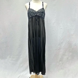 Vintage 60er 70er schwarz halbtransparent bodenlang Nachthemd Spitze Träger Gr. 14-16 - Bild 1 von 16