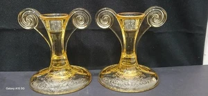 Fostoria June Topaz Yellow 4.75" Tall Grecian Scroll Candle Holders - Set Of 2 - Picture 1 of 6
