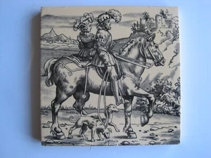 ANTIKER VIKTORIANISCHER 6 ZOLL SQ. MINTONS ALBRECHT DÜRER FLIESE - REITER & HUNDE UM 1885 - Bild 1 von 2