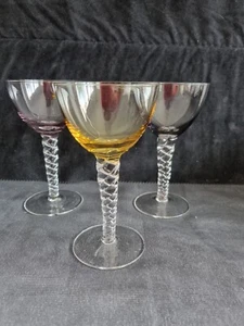 Three Retro Harlequin Small Wine or Sherry Glasses with Barley Corn Stems - Picture 1 of 6