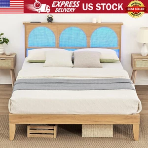 Queen Size Bed Frame Wooden Platform Bed Frame Rattan Headboard Home & LED Light - Picture 1 of 11