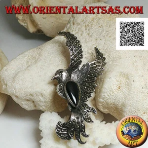 Spilla in Argento 925‰ fenice in volo tempestata di marcasite con onice a goccia - Foto 1 di 2