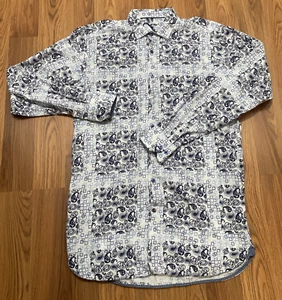 Luchiano Visconti Shirt Men Large Tall Mosaic Paisley Print Blue White Flip Cuff - Picture 1 of 15