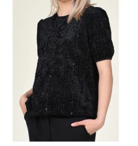 Neu mit Etikett MOLLY BRACKEN Lili Sidonio SCHWARZ strukturierter Samt PAILLETTEN elegante BLUSE TOP S - Bild 1 von 8