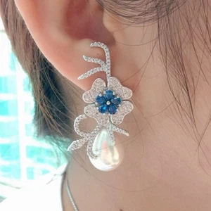 Teardrop White Sea Shell Pearl Blue Cz Pave Flower Stud Earrings - Picture 1 of 5