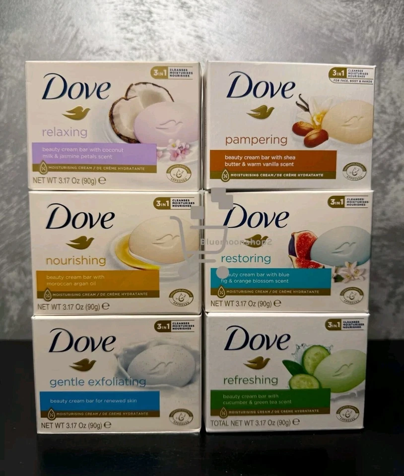 1 Of Each Dove Soap Bar Argan Shea Butter Cucumber Blue Fig Coconut Exfoliating  - Image 1 of 1