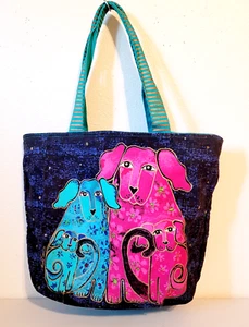 Laurel Burch Canvas Colorful Pink Blue Dogs Zippered Purse Tote Bag 18" x 12" - Picture 1 of 6