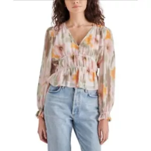 Steve Madden Ardenne Top Floral Blouse V-Neck Long Sleeve Ruffle Trim Pink SizeM - Picture 1 of 4