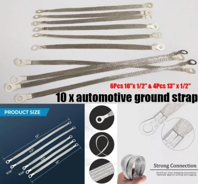 Automotive Ground Strap Kit Universal Flat Braided 6Pcs 10"x 1/2" 4Pcs 13"x 1/2" - Image 1 of 4