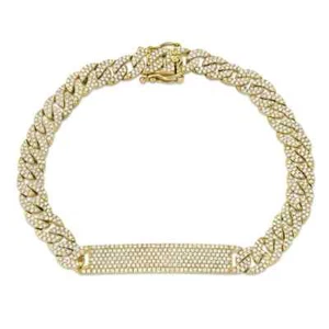 14K Yellow Gold Diamond Cuban Link Bracelet ID Bar Charm Natural 1.97CT Pave - Picture 1 of 4