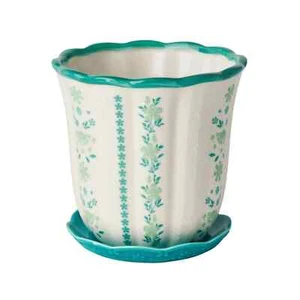 Pioneer Woman Ceramic Scallop Floral Planter 8in Green White - Picture 1 of 8