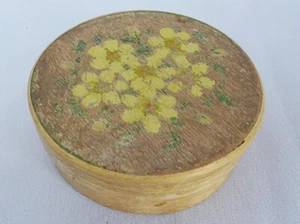 Vintage Schmuckdose Pillen Schnupftabakdose handbemalt Blumen gelb rund Volkskunst - Bild 1 von 8