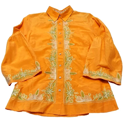 Robert Graham Silk Blend Top Sz M Orange Floral Embroidered Bell Sleeve NWT $248 Foto 1 de 4
