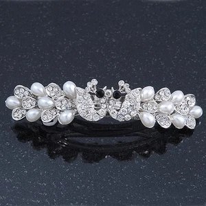 Bridal Wedding Prom Silver Tone Simulated Pearl Crystal 'Love Birds' Barrette - Picture 1 of 6