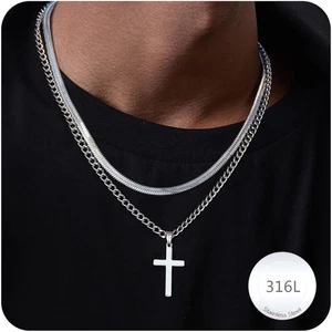 2 PZ Crocifisso Collana Uomo Argento/Oro Collana Uomo Croce 316L Acciaio Inossid - Foto 1 di 12
