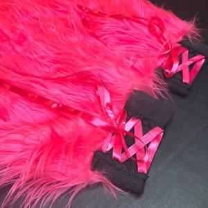 Pink Corset Leg Warmers Black Lace Up Pants Fuzzy Boot Covers Fur Legwarmers Psy - Picture 1 of 5