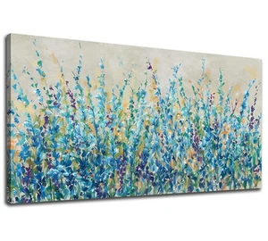 Abstract Floral Canvas Wall Art,Teal Botanical Canvas Pictures Blue Leaf Blos... - Picture 1 of 6
