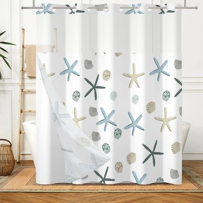 Nautical Beach No Hook Shower Curtain with Snap in Liner Coastal Starfish Sea... - Image 1 of 4