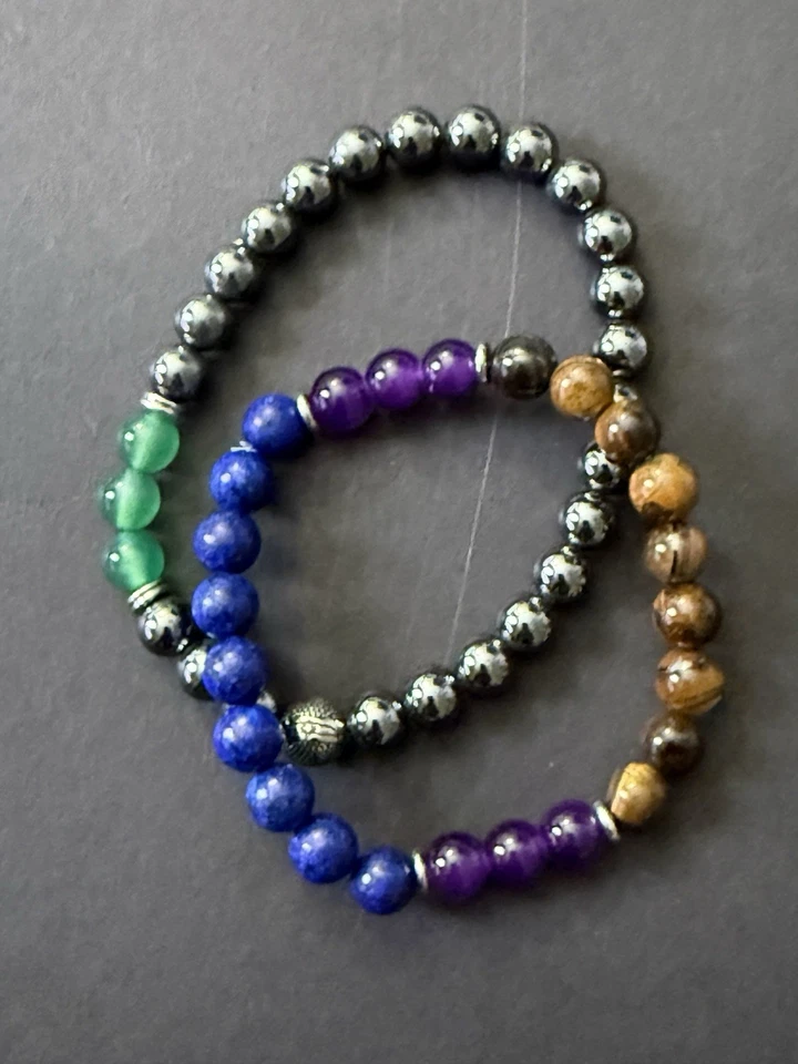 Natural Blue Tiger Eye Bracelet Round Stone Bead Hawk Eye Healing Gemstone Men - Image 1 of 1