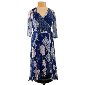 Stella & Julie Wrap Dress 10 Navy Floral Geometric 3/4 Sleeve V-Neck Tie Waist - Picture 1 of 9