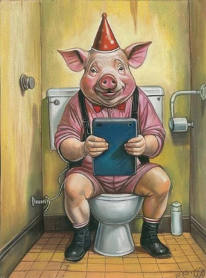 dibujo original 30 x 40 cm 277AG obra de arte pastel cerdo moderno en el inodoro Foto 1 de 2