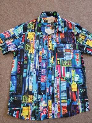 Just Attitude Japanese City Neon Button Up Men's Short Sleeve Shirt Size L  - Image 1 of 4