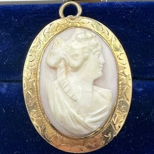 Antike edwardianische massive 10kt Gold geschnitzte rosa Muschel Muschel Kamee Anhänger Brosche - Bild 1 von 7