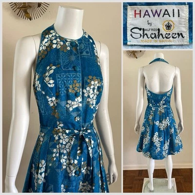 Vestido halter con estampado floral hawaiano Alfred Shaheen años 60 Tiki Resort de colección Foto 1 de 4