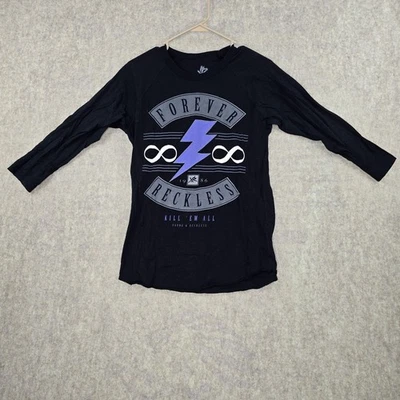 Young & Reckless Black Graphic Raglan Shirt Size M 100% Cotton 3/4 Sleeve Y2K - Image 1 of 4