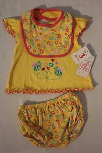 Baby Girls 3 piece Outfit 3 - 6 Mos Yellow Shirt Diaper Cover Bib Set Bee Floral